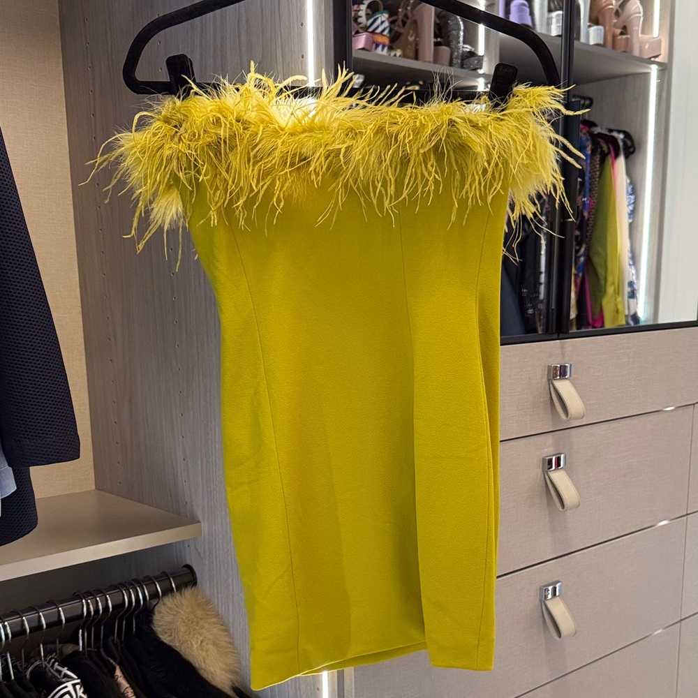 Elegant Yellow Backless Dress with Feather Detail